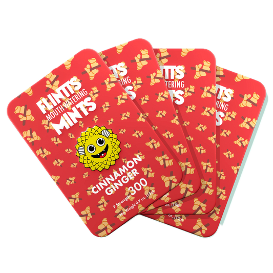Flintts Mints Cinnamon Ginger F300 multiple tins displayed in a fan layout