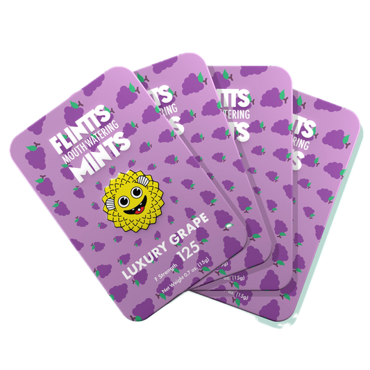 Flintts Mints Luxury Grape F125 multiple tins displayed in a fan arrangement