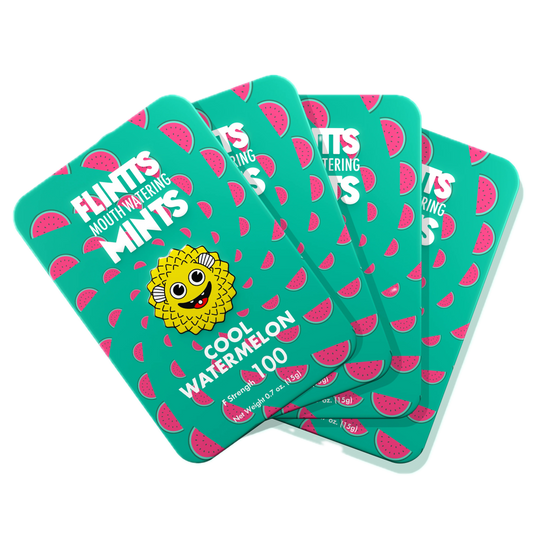Flintts Mints Watermelon F100 multiple tins displayed in a fan arrangement