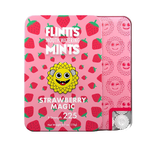Flintts Mints Strawberry Magic F225 front of tin product photo.
