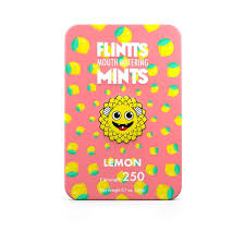 Flintt's Lemon Mints packaging with a pink background and colourful design Australia 