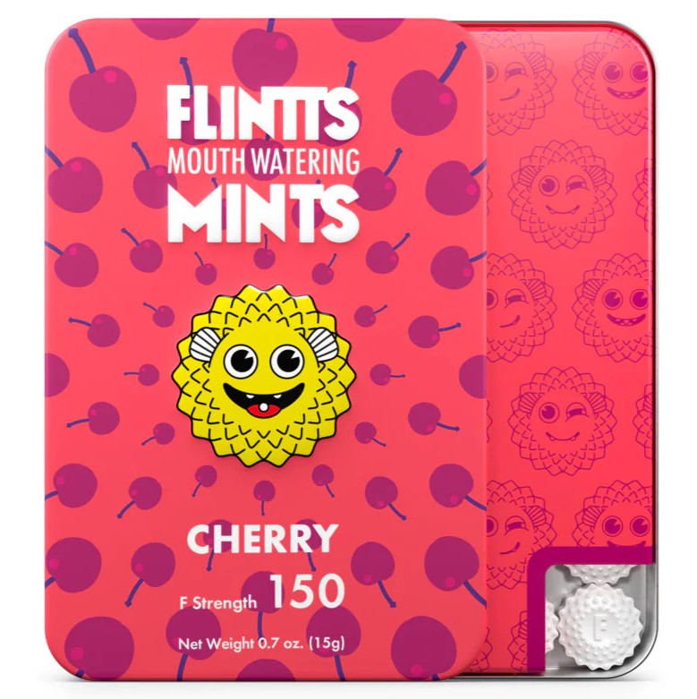 Flintt's Mints cherry mints packaging with a pink background and cartoon characters. Australia