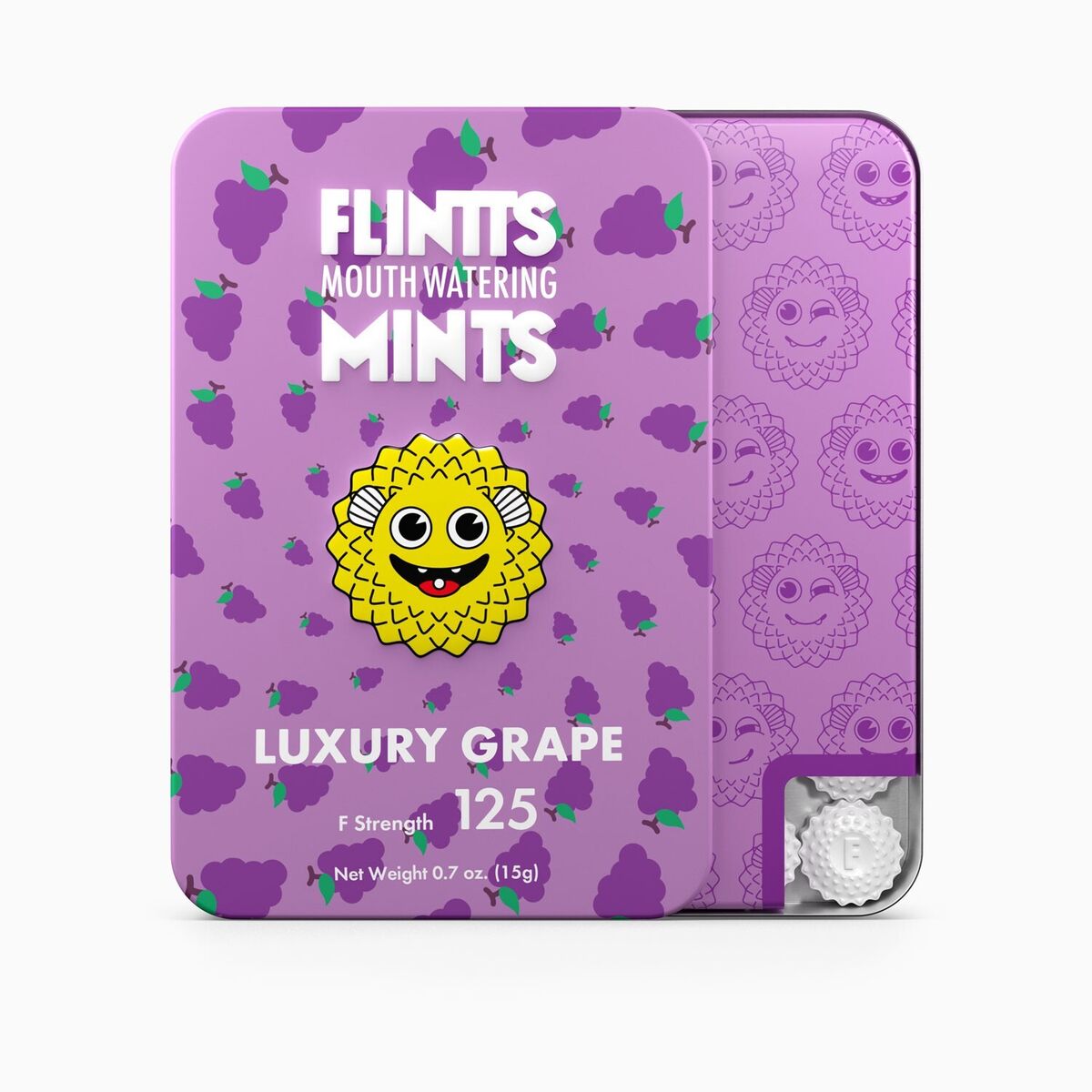 Purple packaging of Flintt's Mouth Watering Mints Luxury Grape 125 with a cartoon sun design on a white background Australia 