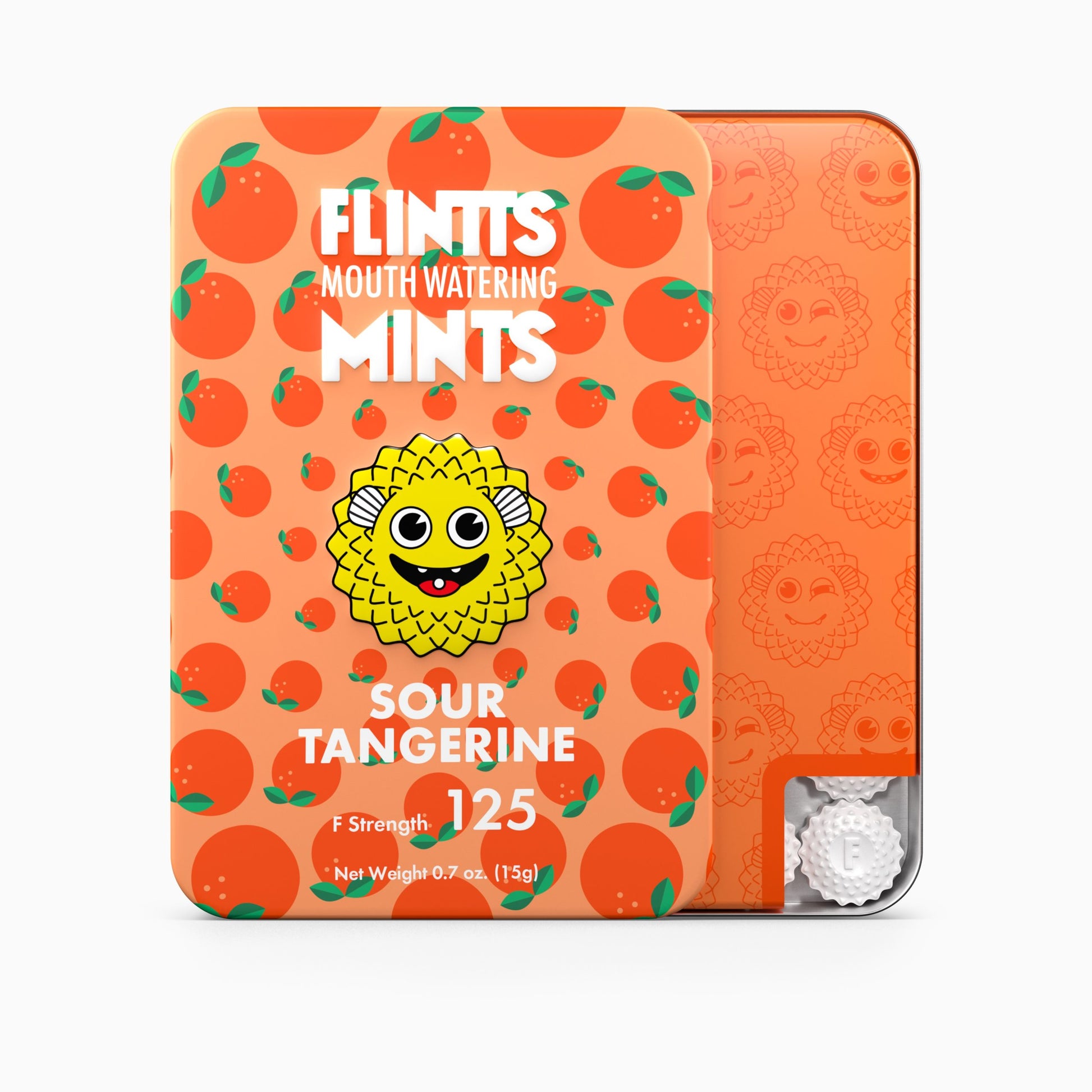 Flintt's Mints Australia Sour Tangerine mints packaging with orange design and smiling sun illustration.