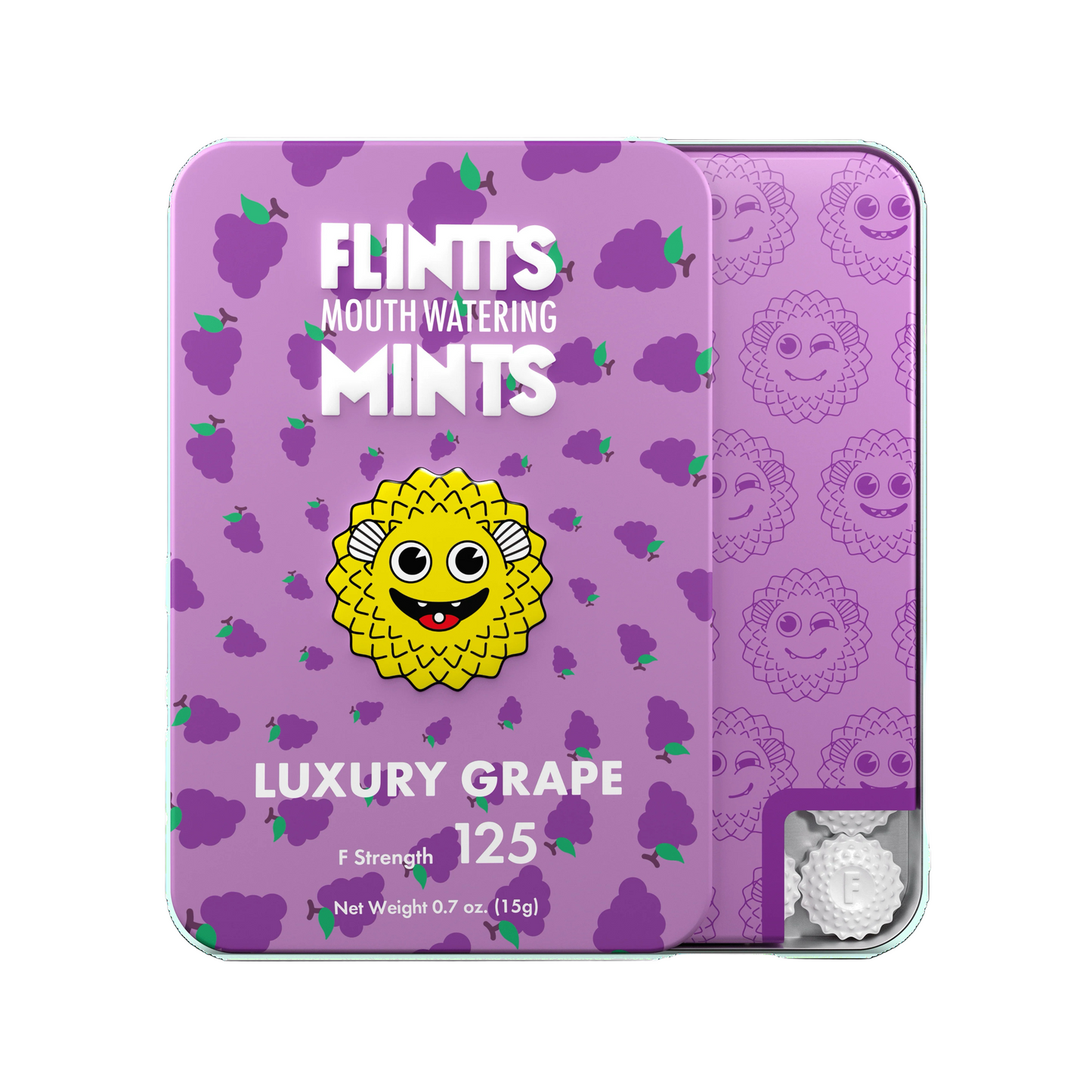 Flintts Mints Luxury Grape F125 tin with grapes on a purple background – GetMints Australia