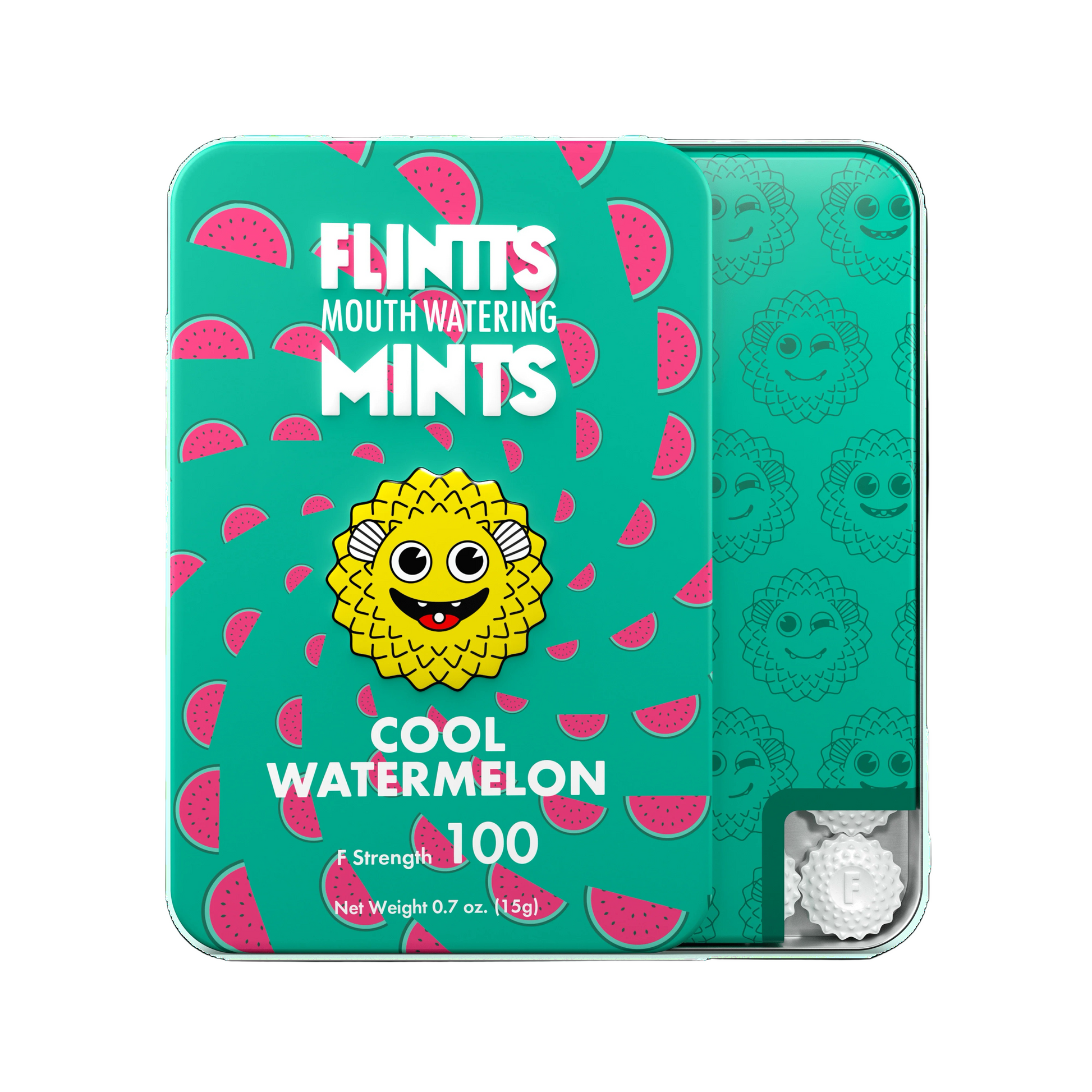Flintts Mints Watermelon F100 tin with watermelon slices on a pink background – GetMints Australia