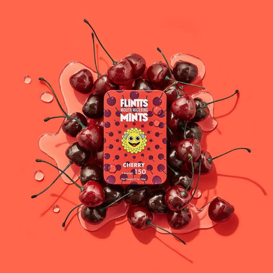 Flintts Mints Cherry F150 tin with cherries on a pink-red background – GetMints Australia