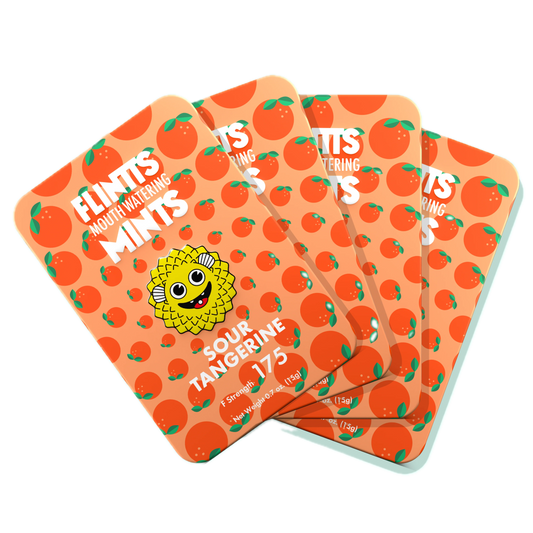 Flintts Mints Tangerine F150 multiple tins displayed in a fan layout