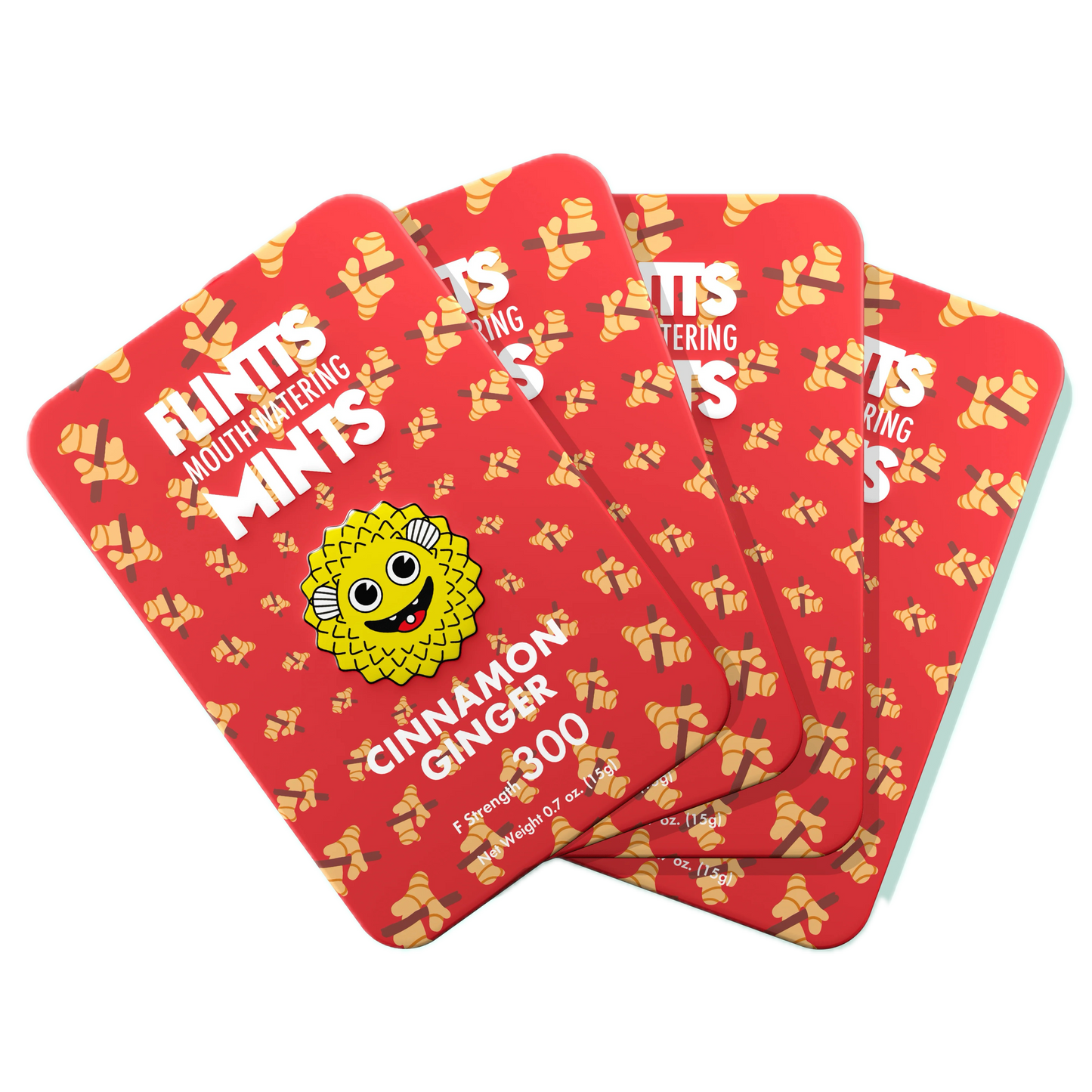 Flintts Mints Cinnamon Ginger F300 multiple tins displayed in a fan layout