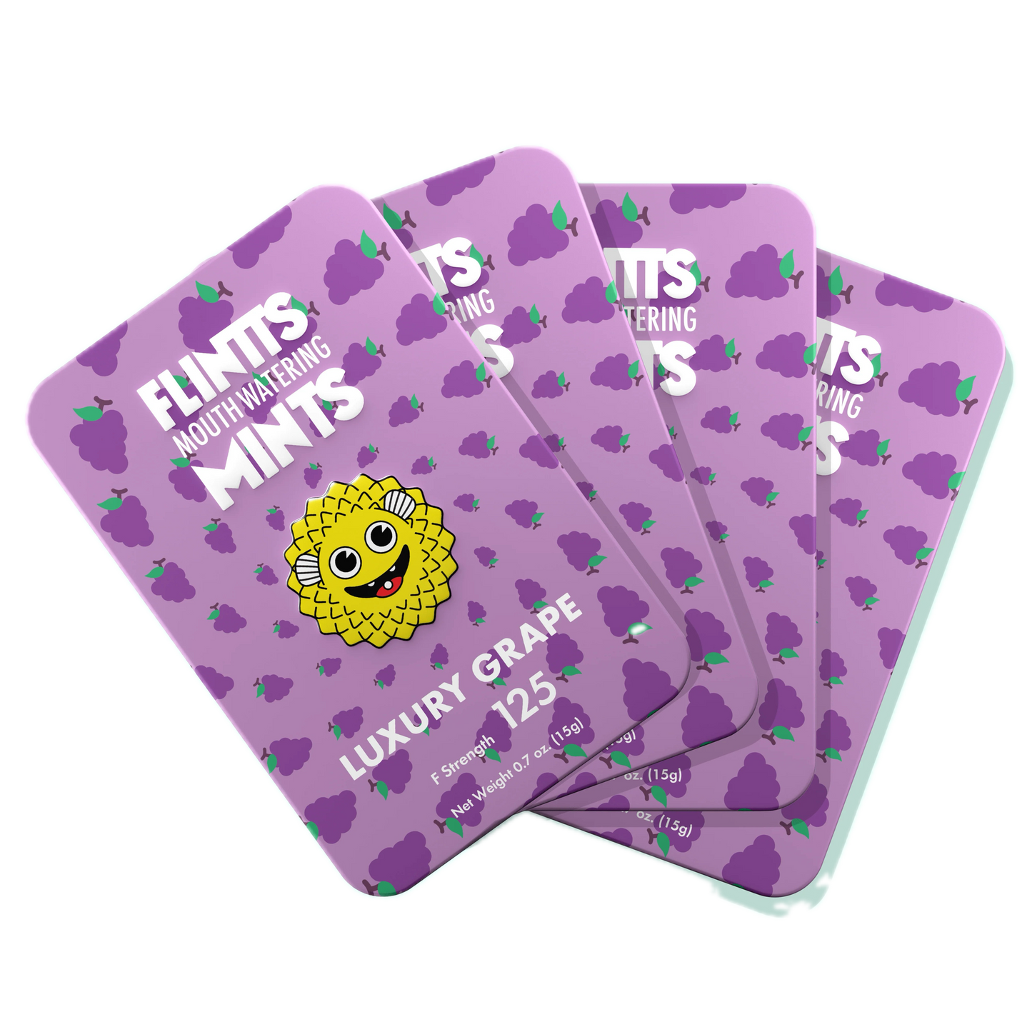 Flintts Mints Luxury Grape F125 multiple tins displayed in a fan arrangement