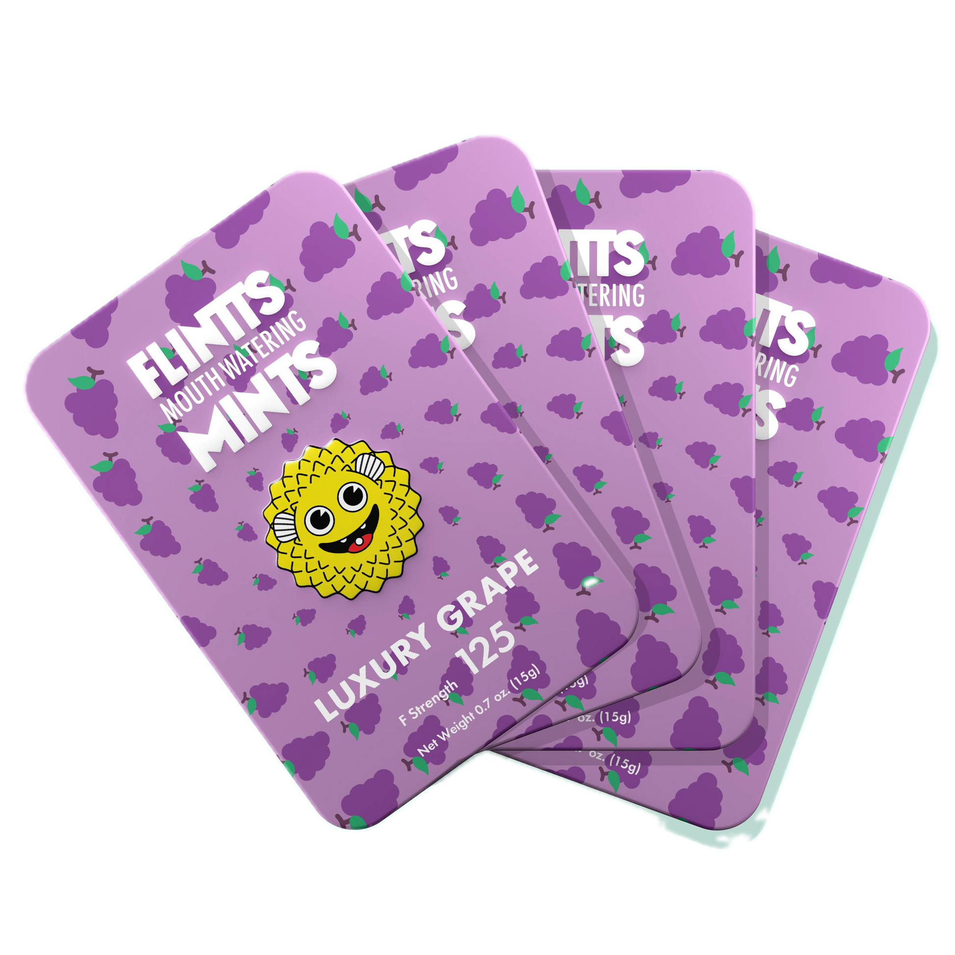 Flintts Mints Luxury Grape F125 multiple tins displayed in a fan arrangement