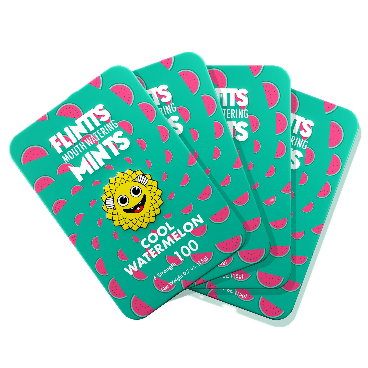 Flintts Mints Watermelon F100 multiple tins displayed in a fan arrangement