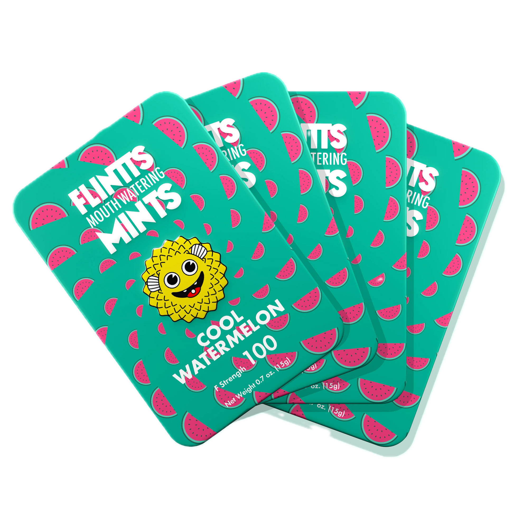Flintts Mints Watermelon F100 multiple tins displayed in a fan arrangement