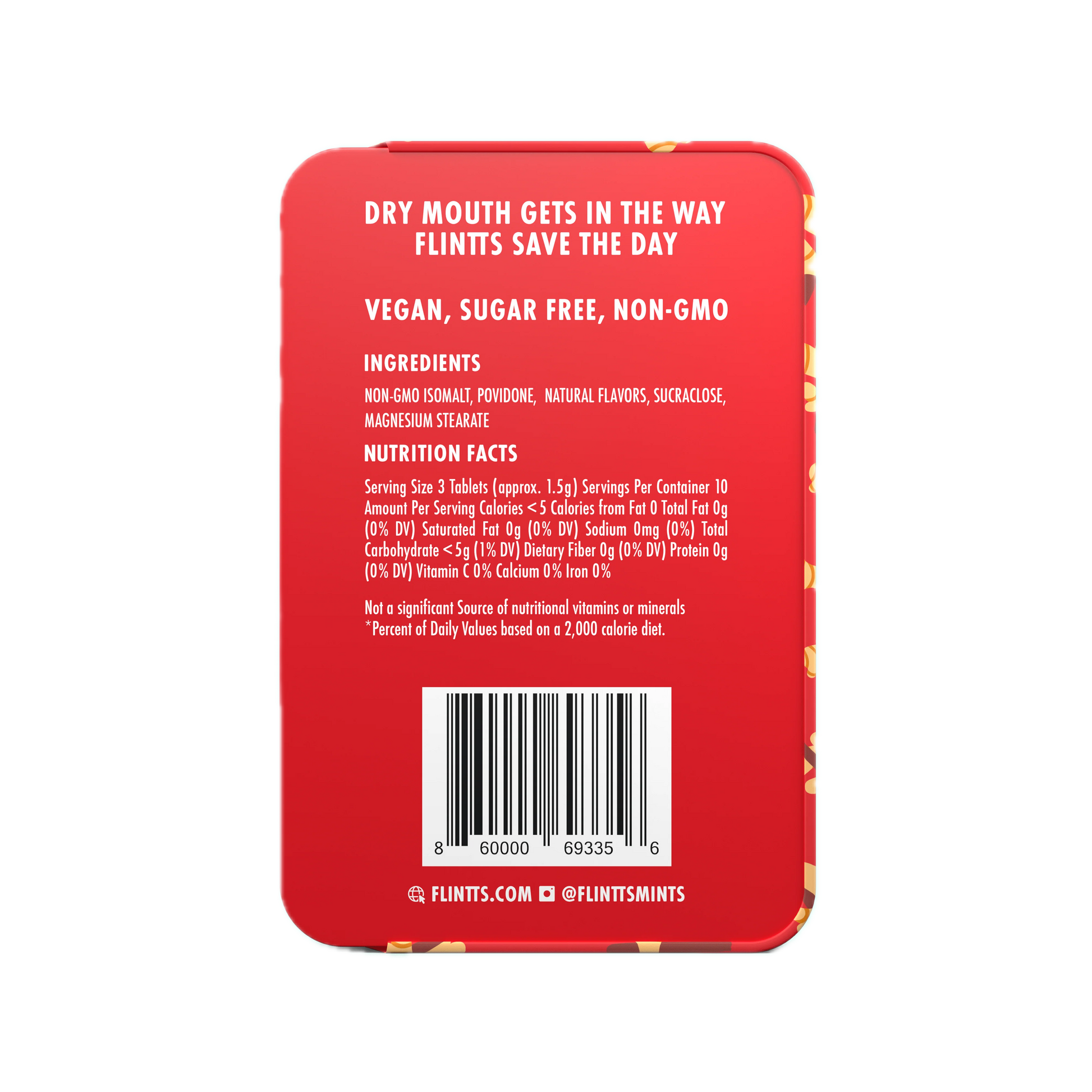 Flintts Mints Cinnamon Ginger F300 back of tin with ingredients and nutrition information