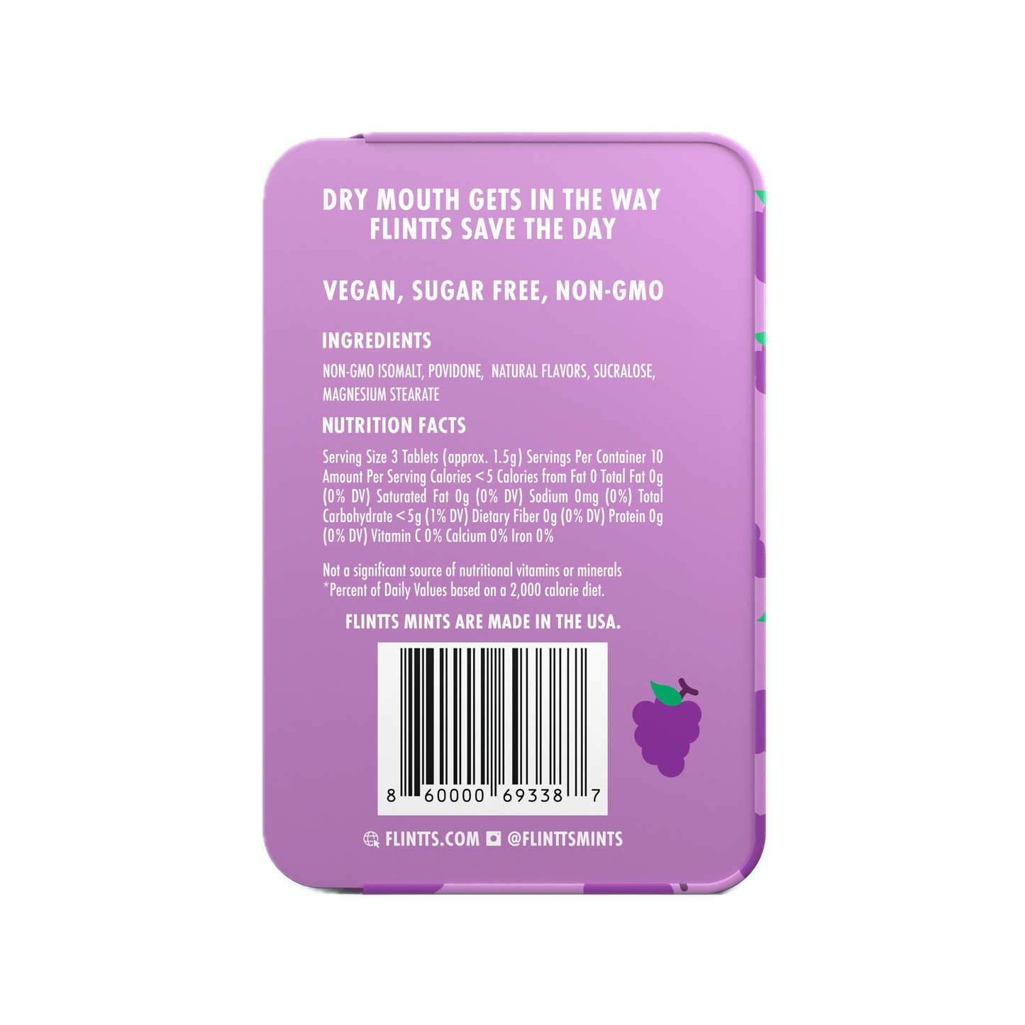 Flintts Mints Luxury Grape F125 back of tin with ingredients and nutrition information