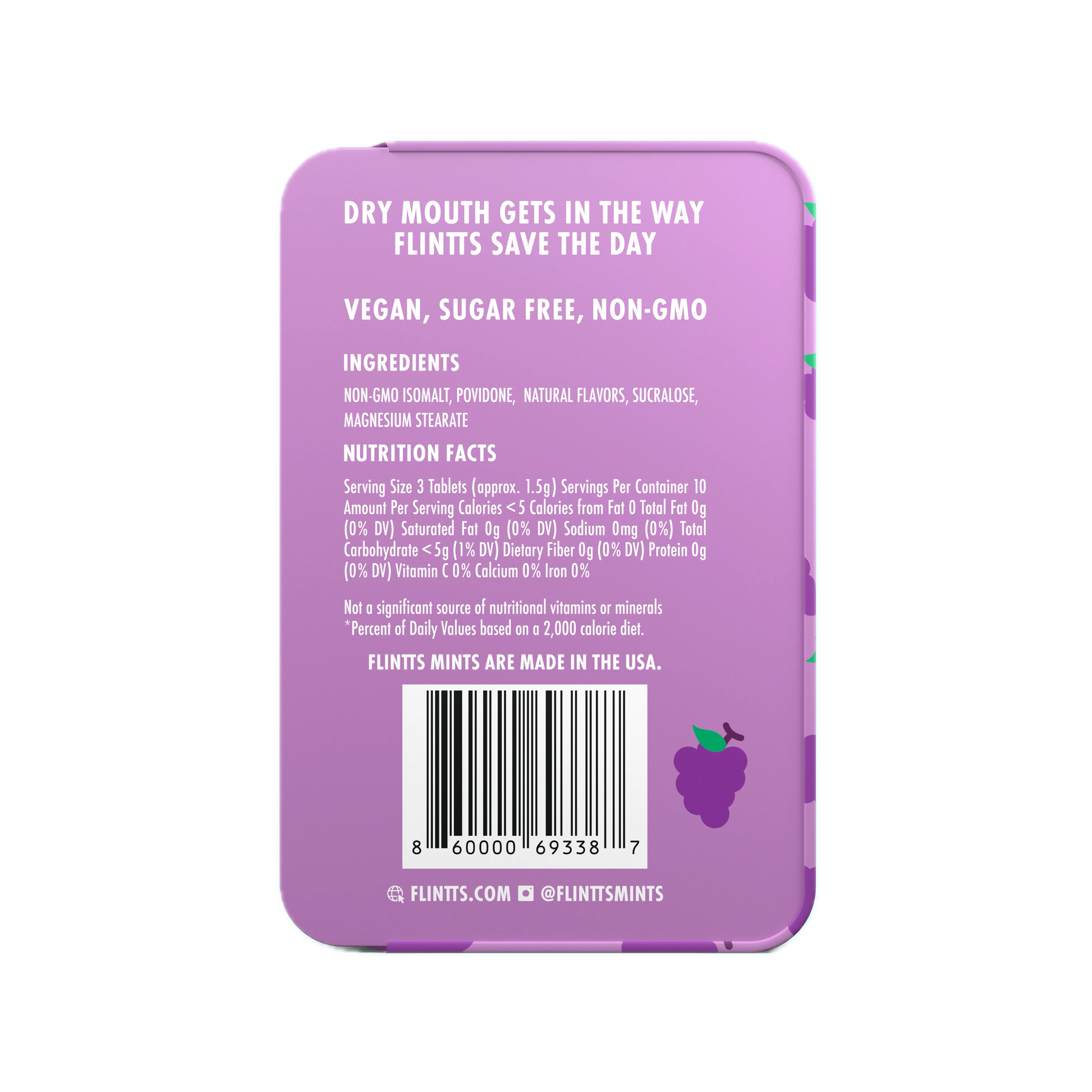 Flintts Mints Luxury Grape F125 back of tin with ingredients and nutrition information