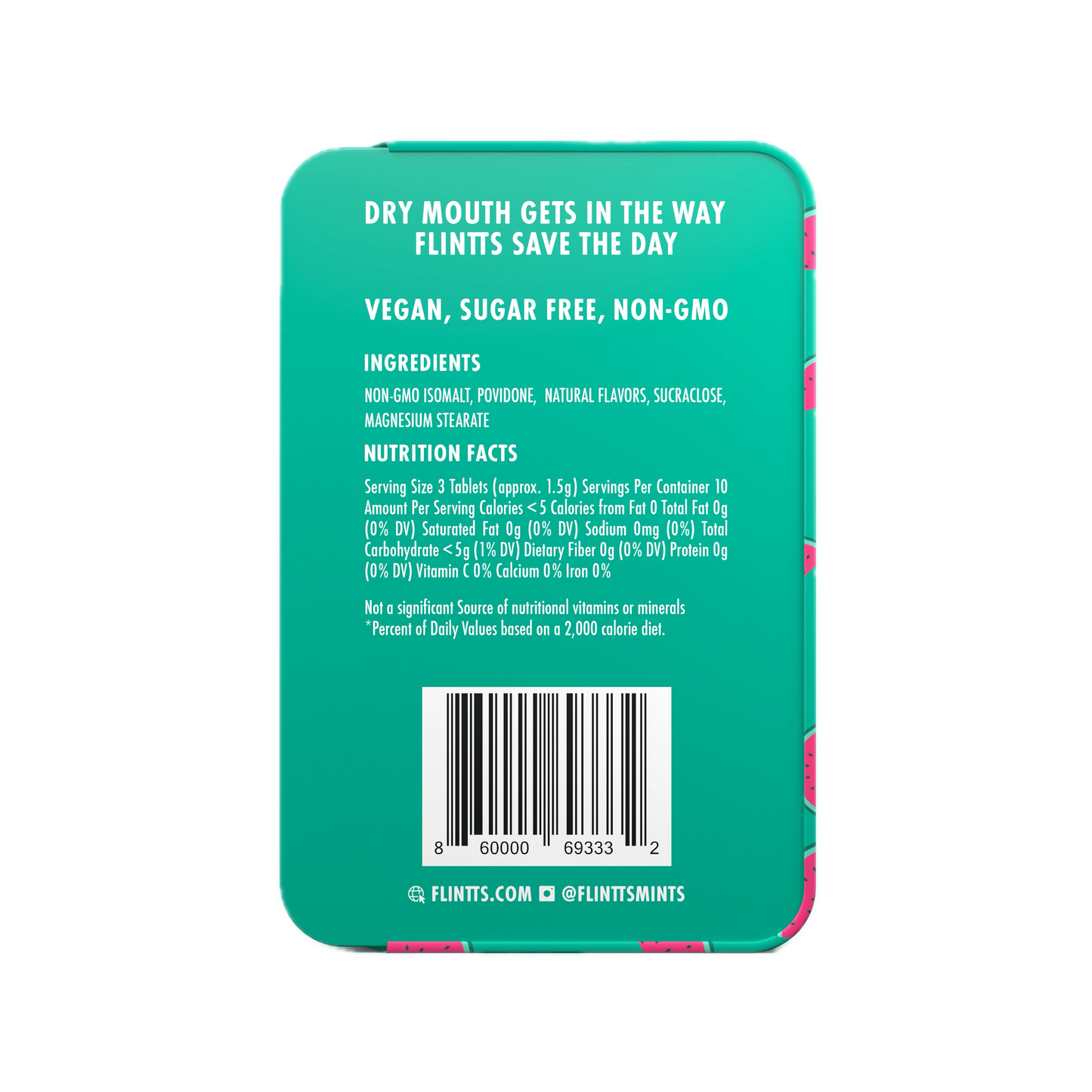 Flintts Mints Watermelon F100 back of tin with ingredients and nutrition information