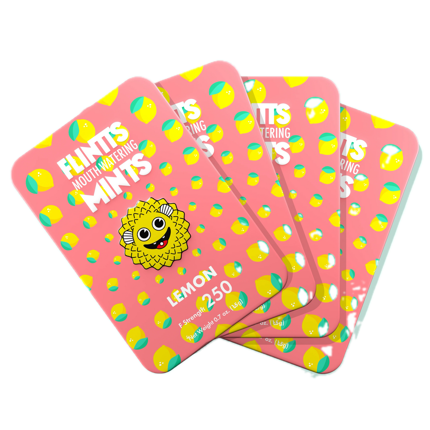 Flintts Mints Lemon F250 multiple tins displayed in a fan layout