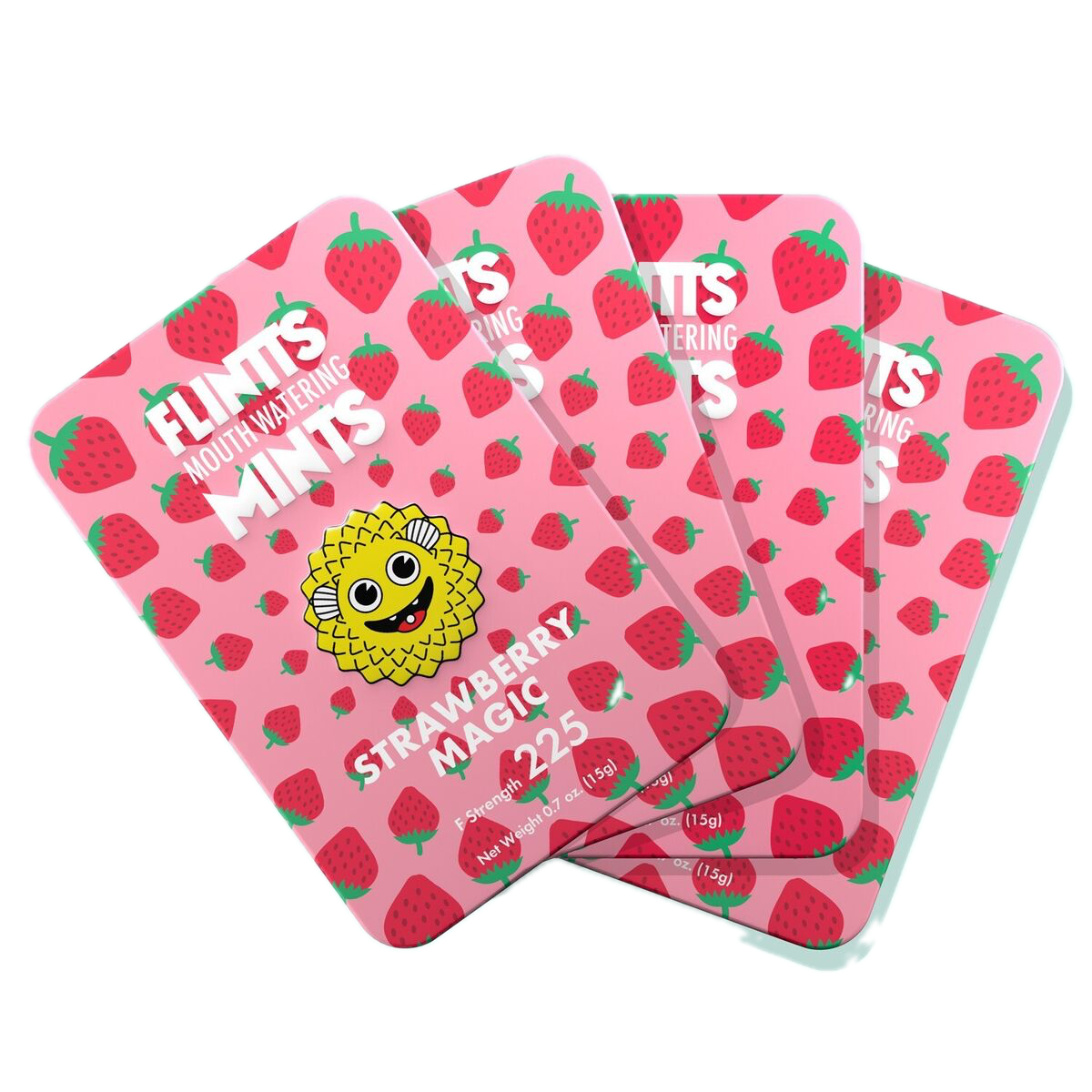Flintts Mints Strawberry Magic F225 multiple tins displayed in a fan layout