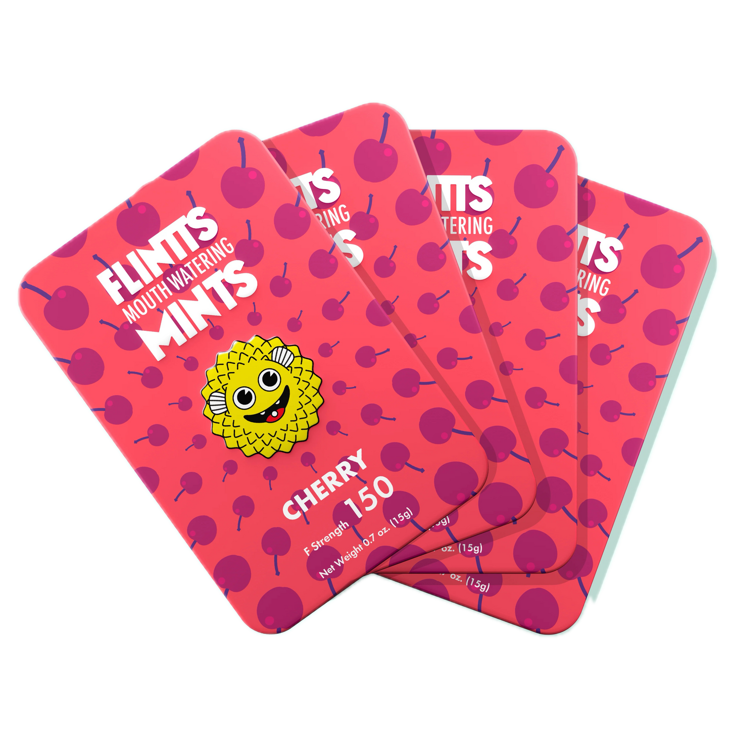 Flintts Mints Cherry F150 multiple tins displayed in a fan arrangement