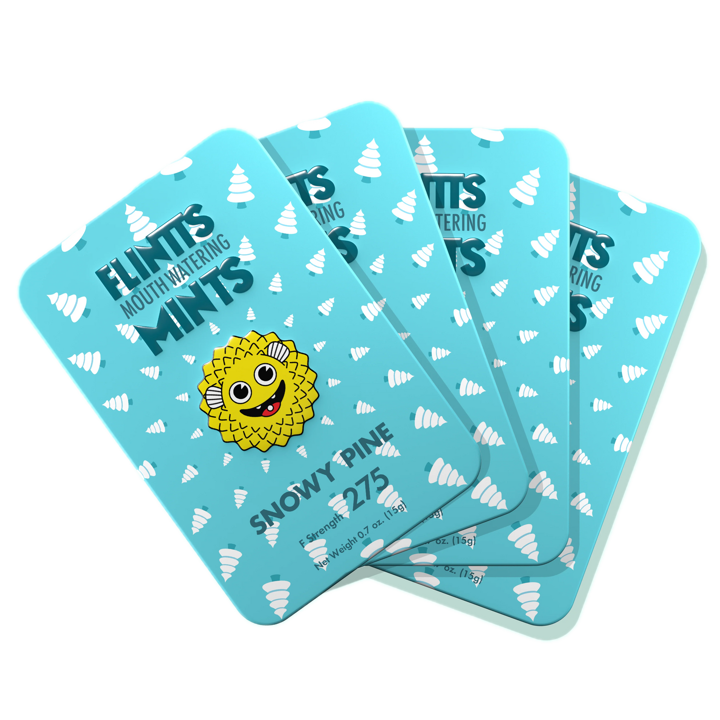 Flintts Mints Snowy Pine F275 multiple tins displayed in a fan arrangement