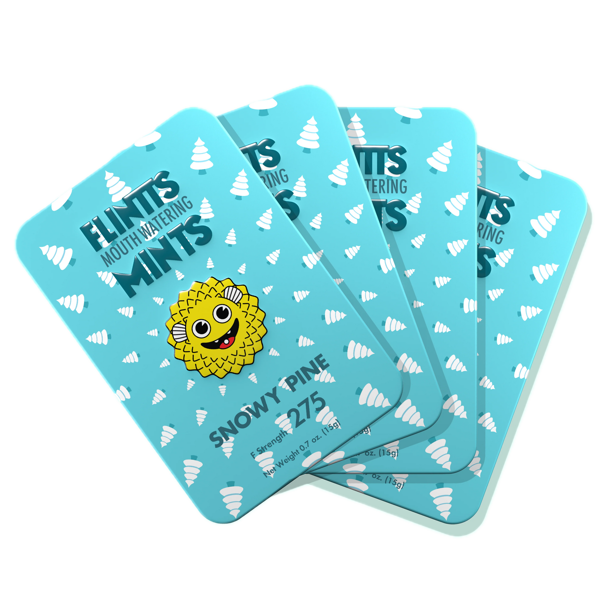 Flintts Mints Snowy Pine F275 multiple tins displayed in a fan arrangement