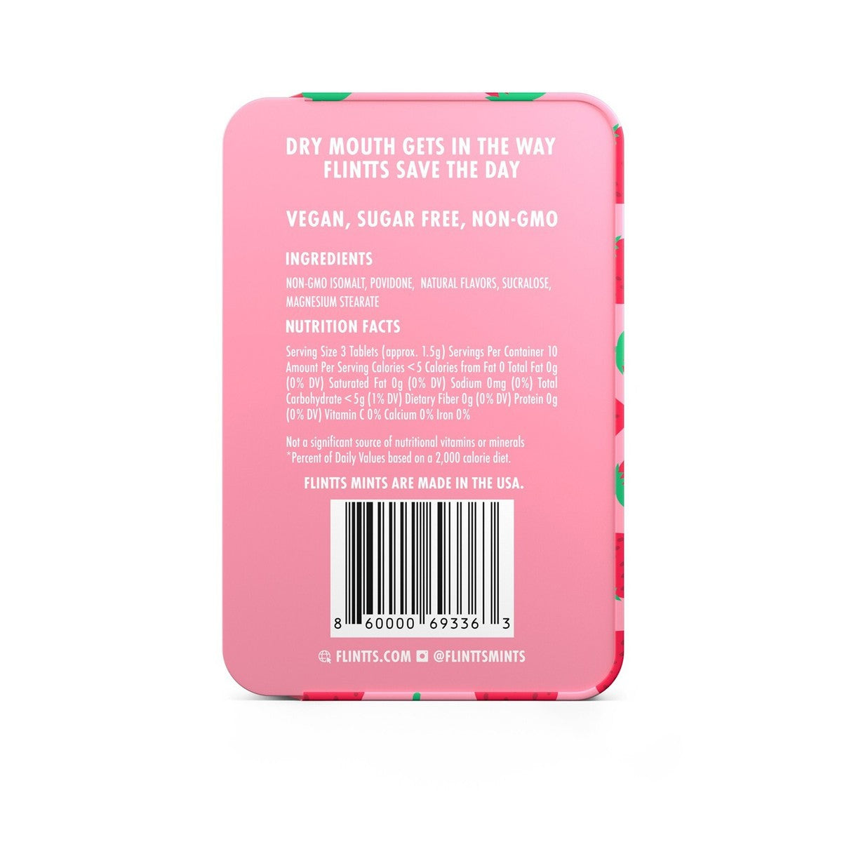 Flintts Mints Strawberry Magic F225 back of tin with nutrition and ingredients