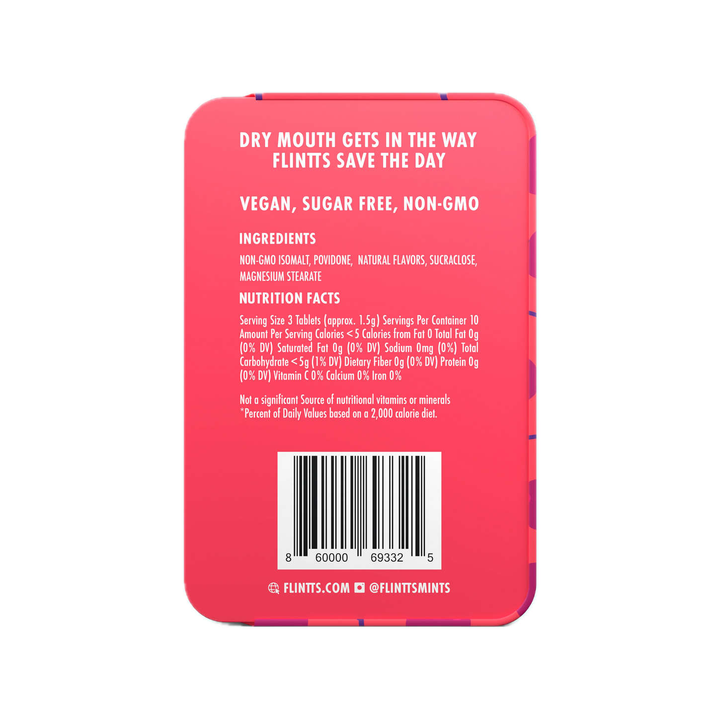 Flintts Mints Cherry F150 back of tin with ingredients and nutrition information