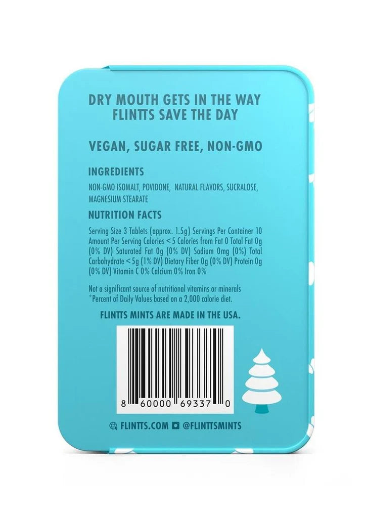Flintts Mints Snowy Pine F275 back of tin with ingredients and nutrition information