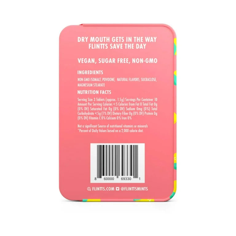 Flintts Mints Lemon F250 back of tin with ingredients and nutrition information