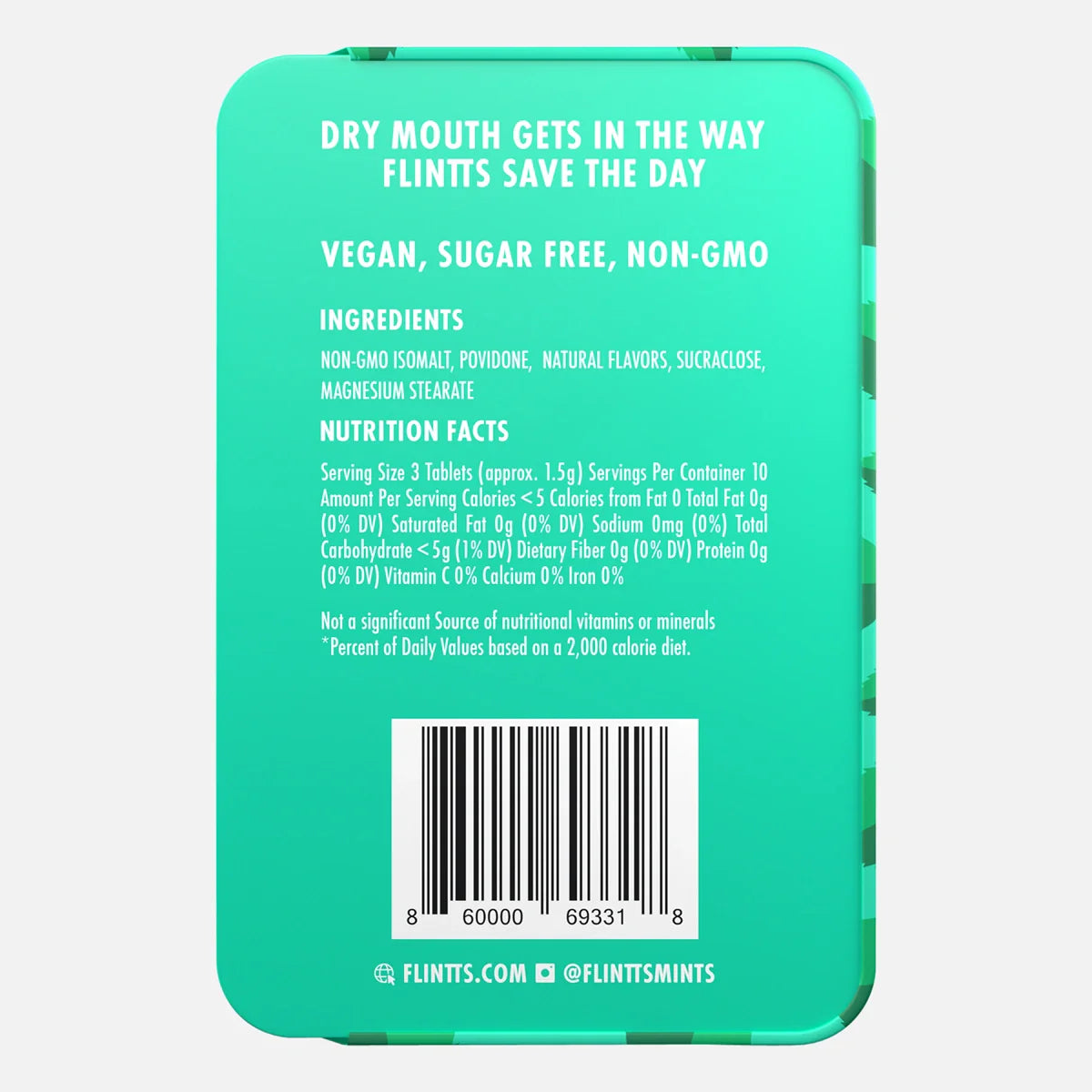 Flintts Mints Mint F200 back of tin with ingredients and nutrition information