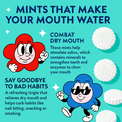 Flintts Mints dry mouth relief infographic with cartoon flower mascot
